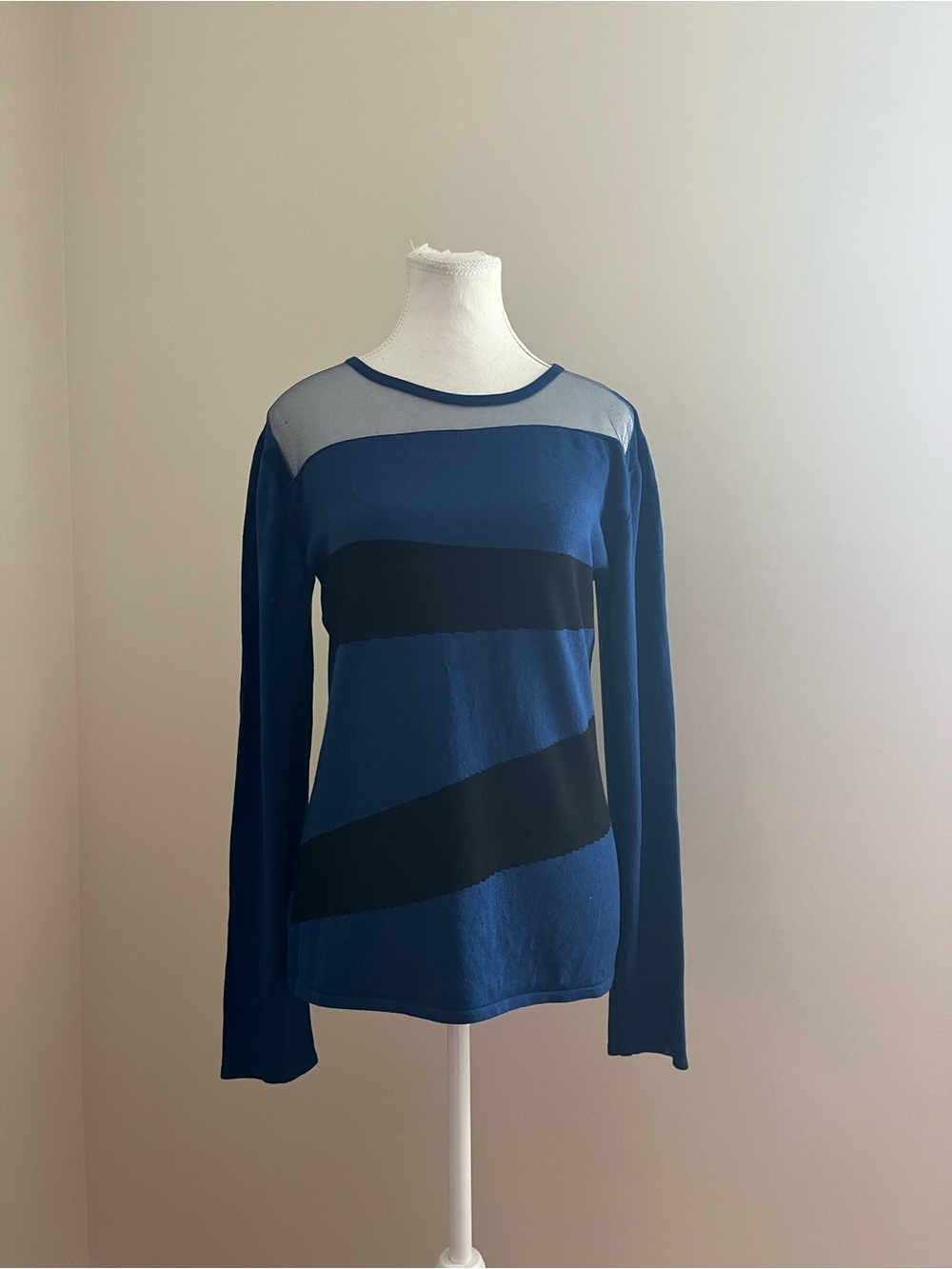 Blue Long-Sleeve Sheer Yoke Knit Top